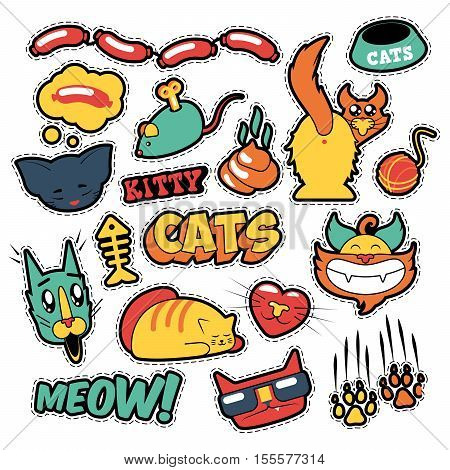 Funny Cats Badges, Patches, Stickers - Cat Fish Clutches in Comic Style. Vector doodle