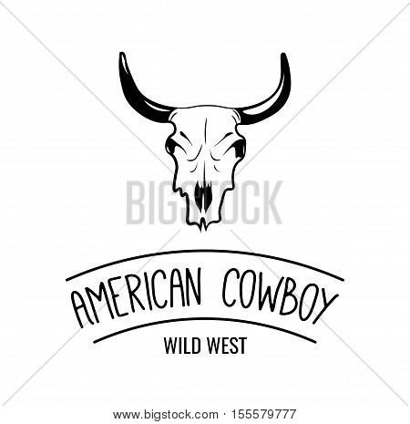 Wild west cow skull with horns. True Cowboy Rodeo Label. Vector Illustration. Isolated On White Background