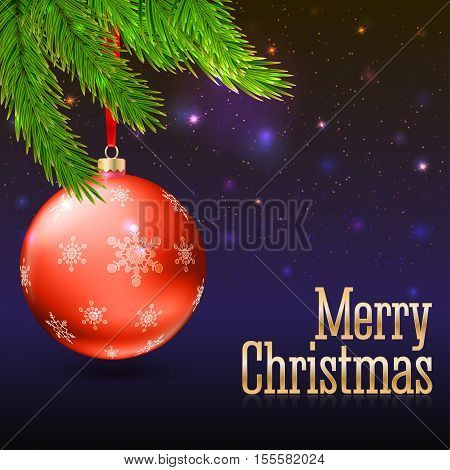 Christmas balls with green fir branches on the background with flash and Christmas lights. Realistic vector bright balls with snowflakes. Greeting card with place for text, editable eps 10