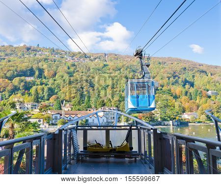 STRESA, PIEDMONT, ITALY. October 27th 2016. The cable car to Mottarone from the lakeside at Stresa, Italy has recently re-opened after renovation.