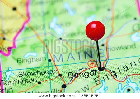 Bangor pinned on a map of Maine, USA