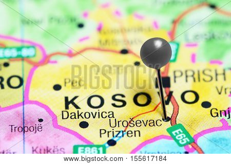 Urosevac pinned on a map of Kosovo