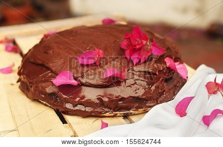 Delicious sachertorte home made chocolate cake decorated with flowers selective focus