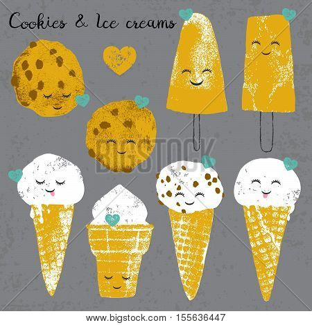 Vector set with ice creams and cookies and hearts in cartoon and grunge style isolated on grey scratched background for textile, wallpaper, fabric, postcard and others