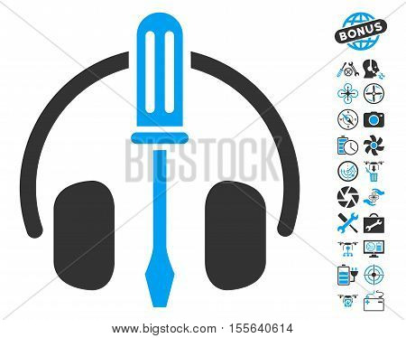 Headphones Tuning Screwdriver pictograph with bonus drone service pictures. Vector illustration style is flat iconic blue and gray symbols on white background.