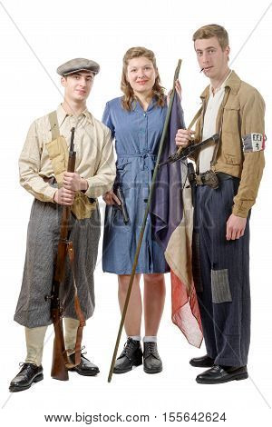 three young French Resistance vintage clothes and weapons reenactment two men and one woman