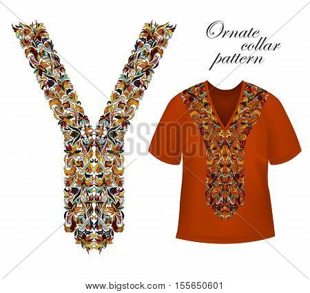 Shirt, jacket and T-shirt collar pattern. Embriodery ornament. Vector. Hot eastern colors