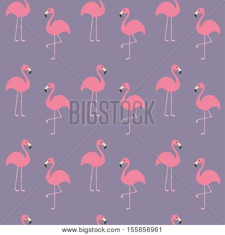 Flamingo set. Seamless Pattern Exotic tropical bird. Zoo animal collection. Cute cartoon character. Decoration element. Violet background. Flat design. Vector illustration.