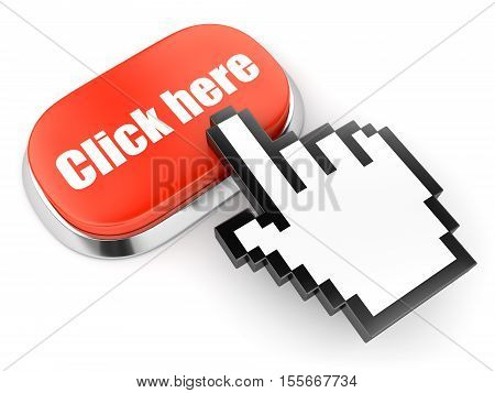 Red button with Click here text and hand link selection computer mouse curso isolated on white. 3D illustration