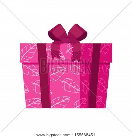 Pink gift box with white leaves isolated. Present box with fashionable ribbon and bow. Decorative stylish wrap for presents package. Modern packing product. Gift container web icon sign symbol. Vector