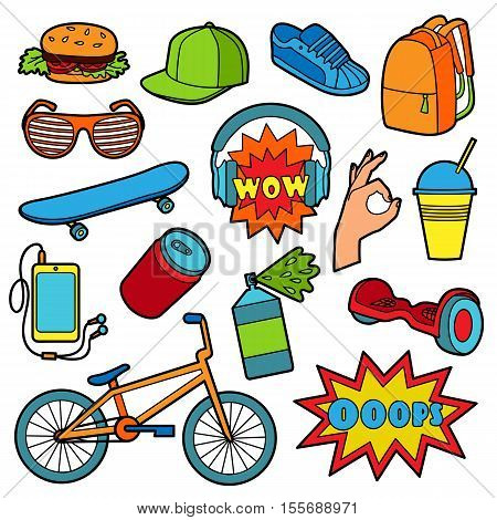 Fashion Patch Set with teenager and sport objects isolated on white background. Pin badges set. Stickers collection. Colorful appliques for denim or clothes.