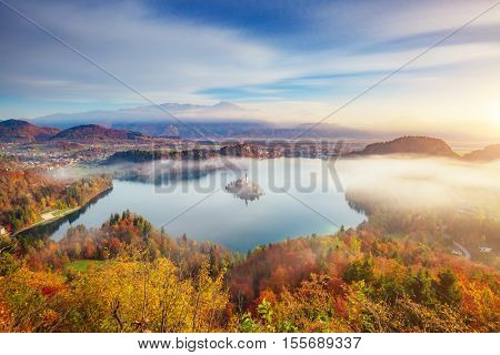 Aerial view of the island on alpine lake Bled from Osojnica viewpoint. Great and gorgeous morning scene. Popular tourist attraction. Location famous place Julian Alps, Slovenia, Europe. Beauty world.