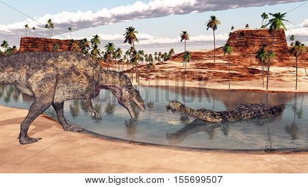 Computer generated 3D illustration with the dinosaur Acrocanthosaurus and the crocodile Sarcosuchus