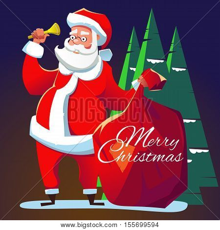Santa Claus with a bell. Cartoon illustration for Christmas.