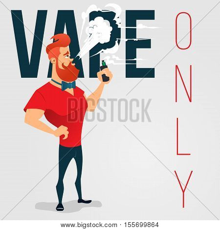 cartoon advertising background for vape store. A man with a beard smokes electronic cigarette. No smoking area