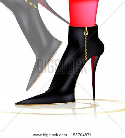 white background and abstract feet in black ladys boots