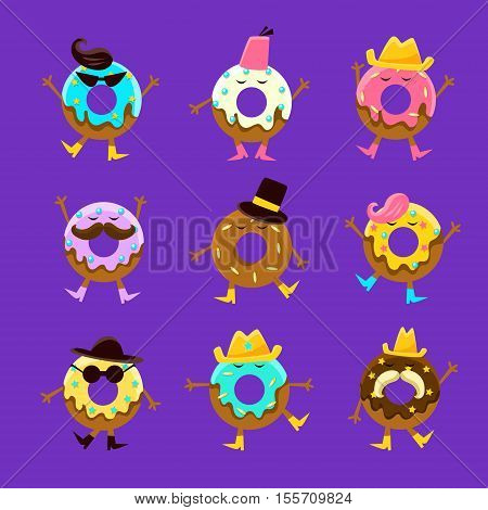 Humanized Doughnut Cartoon Characters With Arms And Legs With Different Facial Features Set. Sweet Pastry Donut Male And Female Characters With Colorful Glazing And Fashion Accessories.