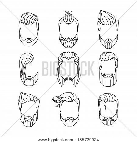 Set of trendy men hairstyles, beards and mustache. Vector illustration isolated on white.