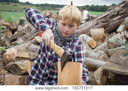 Young Woodcutter Splitting Piece Of Firewood With An Axe