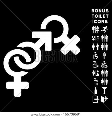 Faith Breach icon and bonus man and female toilet symbols. Vector illustration style is flat iconic symbols, white color, black background.