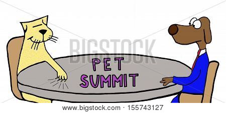 Color illustration of a contentious 'pet summit'.