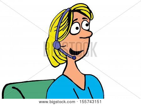 Color business illustration of smiling customer service rep talking into her headset.