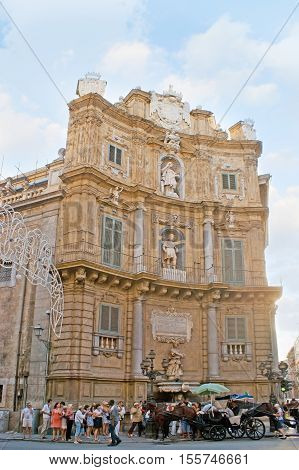 PALERMO ITALY - OCTOBER 2 2012: One of four corner mansions connected into the ensemble of Vigliena (Four Corners) Square on October 2 in Palermo.
