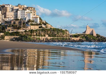 Panoramic view of Sperlonga and beautiful sandy beach. Winter in Italy
