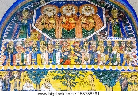 Axum, Ethiopia - January 20, 2016: Holy paintings in the ancient church of Our Lady Mary of Sion
