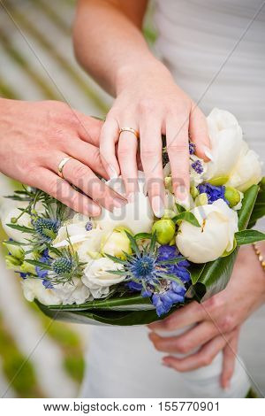 A newly weding couple showing off their wedding rings.