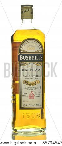 CIRCA NOVEMBER 2016 - GDANSK: Bushmills irish whiskey isolated on white background. The Old Bushmills Distillery is a distillery in Bushmills, County Antrim, Northern Ireland. It was founded in 1784.