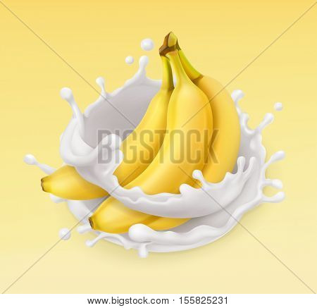 Banana and milk splash. Fruit and yogurt. Realistic illustration. 3d vector icon