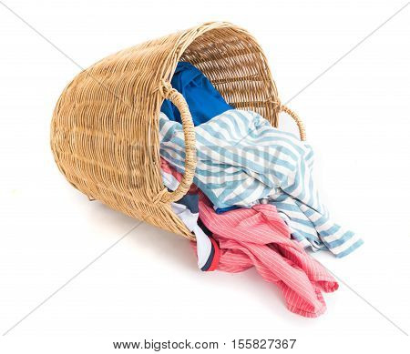 Clothes on wicker baskets for washing preparations whit white background workhouse concept