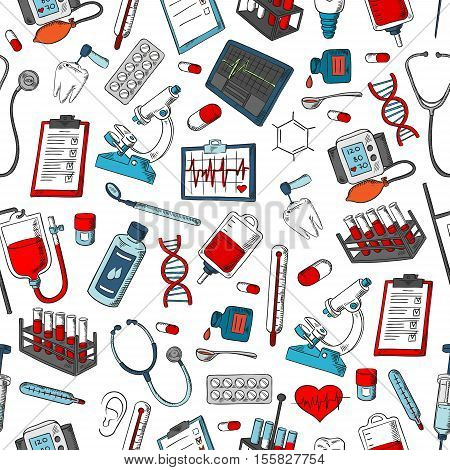 Medical seamless pattern. Medicine background of vector medical symbols microscope, heart and blood, dna and x-ray, pill and drug, medicine items and tools, thermometer, stethoscope, drops, syringe