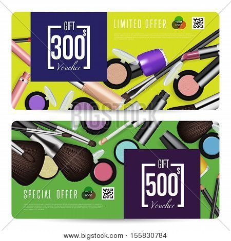 Cosmetic voucher template vector. Gift voucher layout or discount voucher. Special offer coupon or gift voucher. Cosmetic voucher layout. Fashion voucher. Cosmetics product sale voucher. Promo voucher. Design of voucher. Promo coupon or voucher. Voucher.