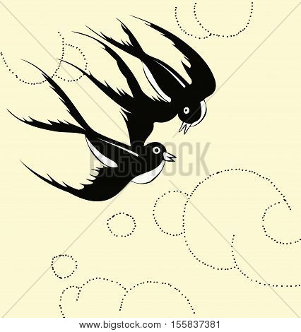 Two swallows flying in the sky yellow background