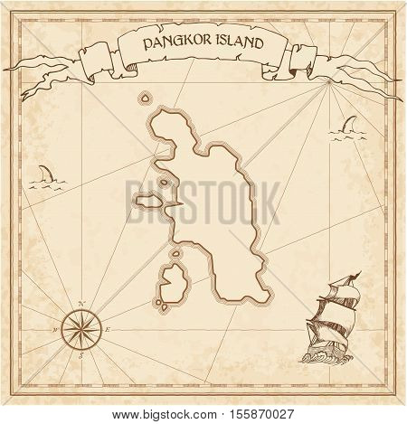 Pangkor Island Old Treasure Map. Sepia Engraved Template Of Pirate Island Parchment. Stylized Manusc