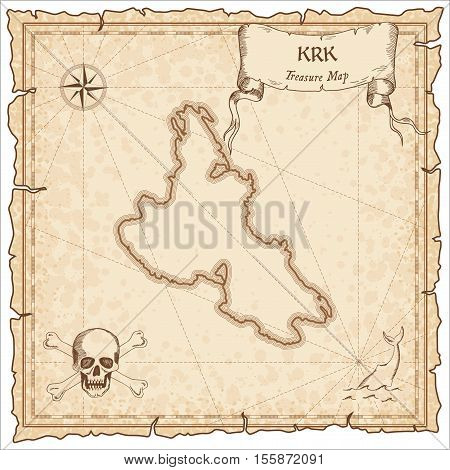 Krk Old Pirate Map. Sepia Engraved Parchment Template Of Treasure Island. Stylized Manuscript On Vin