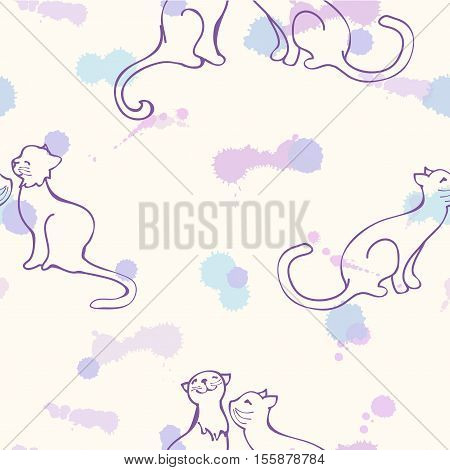 romantic seamless pattern with cats painted on the background of blots