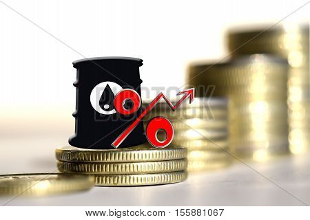 Barrel for oil and the percentage on a background of money . The concept of changes in the prices of petroleum products .