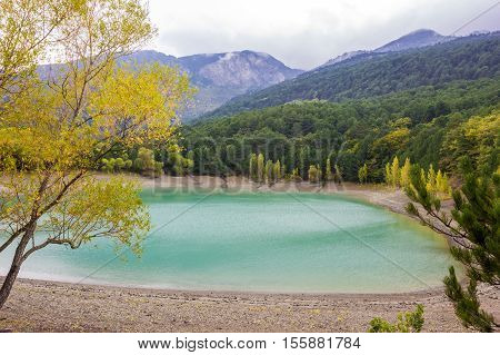 mountain turquoise lake and cloudy day coniferous forest