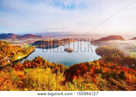 Aerial view of the island on alpine lake Bled from Osojnica viewpoint. Great and gorgeous morning scene. Popular tourist attraction. Location famous place Julian Alps, Slovenia, Europe. Beauty world.
