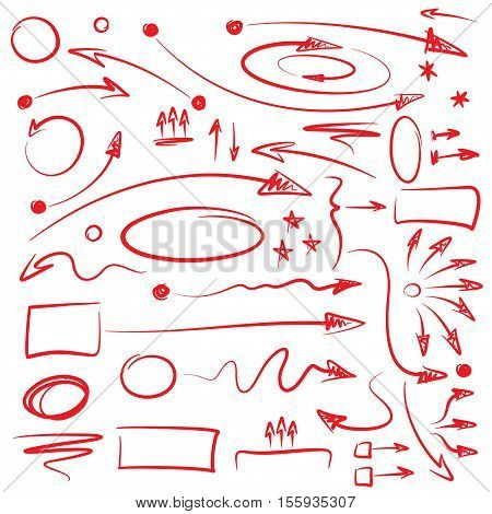Set of hand drawn arrows and indication symbols for infographics presentation. In most arrows shaft and pointer are separate objects for easy editing.