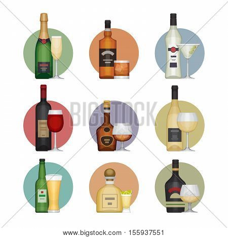 Flat icons set of popular various alcoholic beverages with glasses. Flat design style vector illustration.