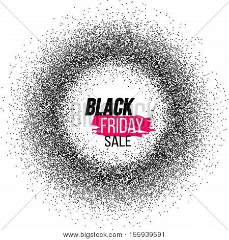 Black Friday banner with black glitter on white background. Black Friday in round frame of dots. Template for Black Friday sale. Vector stock illustration.