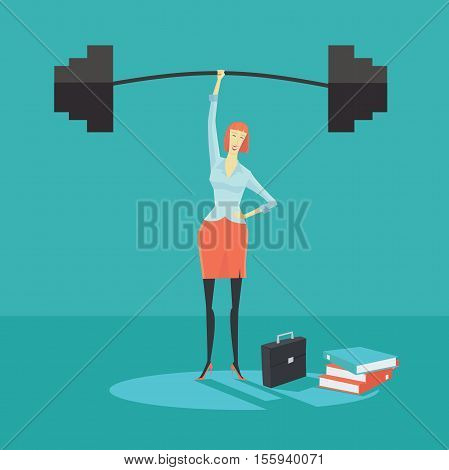 Businesswoman holding a barbell with one hand, the concept of achievements in business-vector illustration.