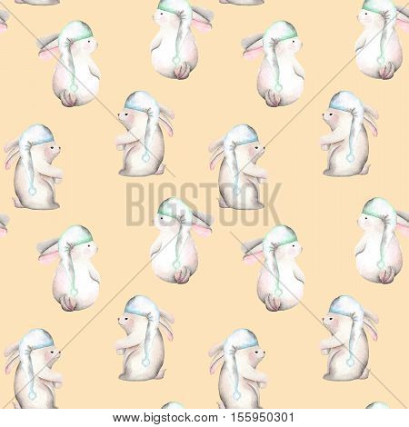 Seamless pattern with watercolor rabbits in nightcaps, hand drawn isolated on a pink background