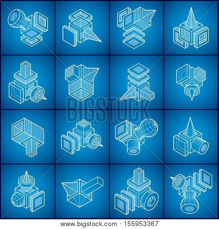 Abstract Three Dimensional Shapes Set, Vector Designs.