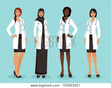 Doctor woman set of different nationality isolated vector illustration.