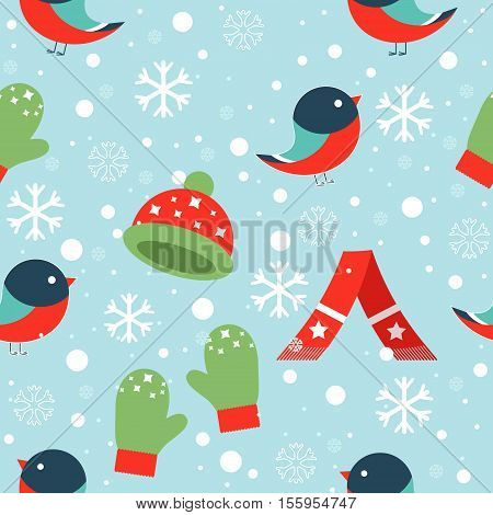 Seamless winter pattern with bullfinches on a blue background